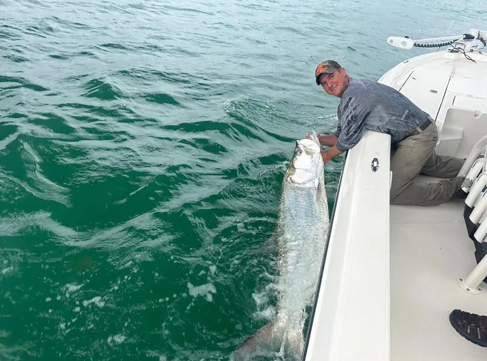 Angler kneeling beside a large tarpon in the water alongside the boat.
